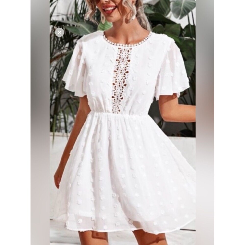 SHEIN White Pom Pom Flutter Sleeve Mini Dress